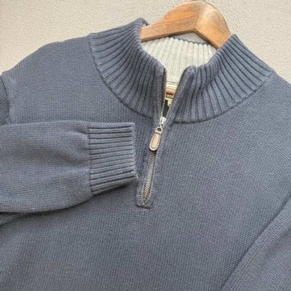 LL Bean Quarter Zip Pullover Sweater Mens L Blue Cotton Ribbed Mock Neck Outdoor